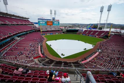 The tarp covers the field as a rain delay is announced before the first inning of the MLB National League game between the Cincinnati Reds and the Chicago Cubs at Great American Ball Park in downtown Cincinnati on Wednesday, April 5, 2023.

Chicago Cubs At Cincinnati Reds