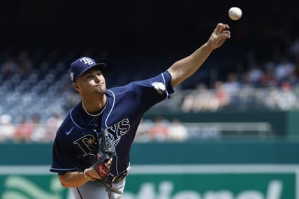 Apr 5, 2023; Washington, District of Columbia, USA; Tampa Bay Rays starting pitcher Shane McClanahan (18) pitches against the Washington Nationals during the first inning at Nationals Park. Mandatory Credit: Geoff Burke-USA TODAY Sports