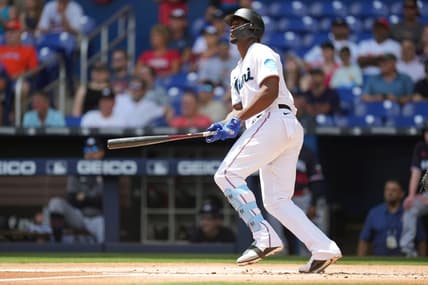Apr 5, 2023; Miami, Florida, USA;  Miami Marlins left fielder Jorge Soler (12) hits a home run against the Minnesota Twins in the first inning at loanDepot Park. Mandatory Credit: Jim Rassol-USA TODAY Sports