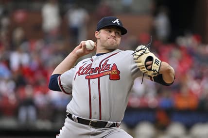 Apr 5, 2023; St. Louis, Missouri, USA;  Atlanta Braves starting pitcher Bryce Elder (55) pitches against the St. Louis Cardinals during the second inning at Busch Stadium. Mandatory Credit: Jeff Curry-USA TODAY Sports