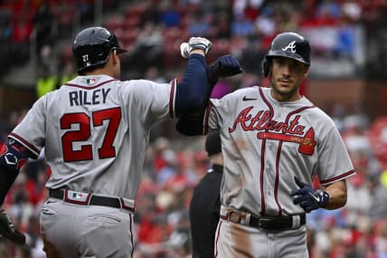 Apr 5, 2023; St. Louis, Missouri, USA;  Atlanta Braves first baseman Matt Olson (28) celebrates with third baseman Austin Riley (27) after hitting a solo home run against the St. Louis Cardinals during the second inning at Busch Stadium. Mandatory Credit: Jeff Curry-USA TODAY Sports