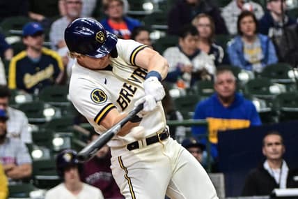 Apr 5, 2023; Milwaukee, Wisconsin, USA; Milwaukee Brewers right fielder Joey Wiemer (28) hits a 3-run home run in the second inning against the New York Mets at American Family Field. Mandatory Credit: Benny Sieu-USA TODAY Sports