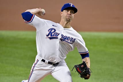 Apr 5, 2023; Arlington, Texas, USA; Texas Rangers starting pitcher Jacob deGrom (48) pitches against the Baltimore Orioles during the first inning at Globe Life Field. Mandatory Credit: Jerome Miron-USA TODAY Sports