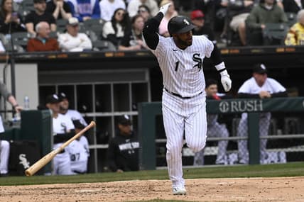 Apr 5, 2023; Chicago, Illinois, USA;  Chicago White Sox second baseman Elvis Andrus (1) after he hits his 2000th career hit during the fifth inning against the San Francisco Giants  at Guaranteed Rate Field. Mandatory Credit: Matt Marton-USA TODAY Sports