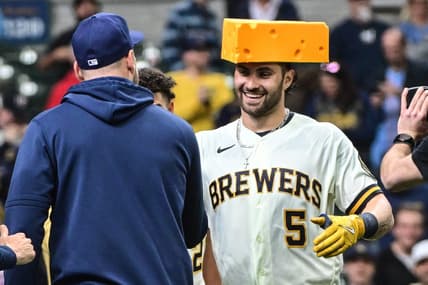 Apr 5, 2023; Milwaukee, Wisconsin, USA;  Milwaukee Brewers left fielder Garrett Mitchell (5) celebrates after hitting a walkout home run in the ninth inning against the New York Mets at American Family Field. Mandatory Credit: Benny Sieu-USA TODAY Sports