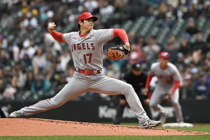 Apr 5, 2023; Seattle, Washington, USA; Los Angeles Angels starting pitcher Shohei Ohtani (17) throws a pitch against the Seattle Mariners during the first inning at T-Mobile Park. Mandatory Credit: Michael Thomas Shroyer-USA TODAY Sports