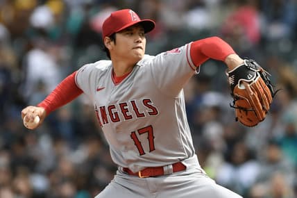 Apr 5, 2023; Seattle, Washington, USA; Los Angeles Angels starting pitcher Shohei Ohtani (17) throws a pitch against the Seattle Mariners during the third inning at T-Mobile Park. Mandatory Credit: Michael Thomas Shroyer-USA TODAY Sports