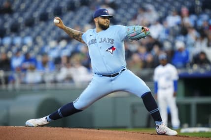 Apr 5, 2023; Kansas City, Missouri, USA; Toronto Blue Jays starting pitcher Alek Manoah (6) pitches during the first inning against the Kansas City Royals at Kauffman Stadium. Mandatory Credit: Jay Biggerstaff-USA TODAY Sports