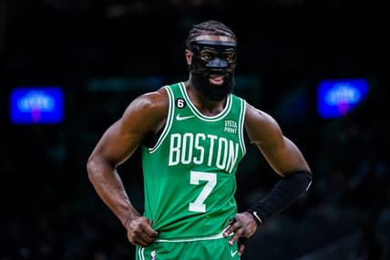 Apr 5, 2023; Boston, Massachusetts, USA; Boston Celtics guard Jaylen Brown (7) on the court against the Toronto Raptors in the second half at TD Garden. Mandatory Credit: David Butler II-USA TODAY Sports
