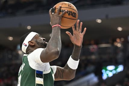 Apr 5, 2023; Milwaukee, Wisconsin, USA; Milwaukee Bucks forward Bobby Portis (9) puts up a shot against the Chicago Bulls in the second half at Fiserv Forum. Mandatory Credit: Michael McLoone-USA TODAY Sports