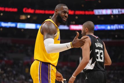 Apr 5, 2023; Los Angeles, California, USA; Los Angeles Lakers forward LeBron James (6) reacts against the LA Clippers in the first half at Crypto.com Arena. Mandatory Credit: Kirby Lee-USA TODAY Sports