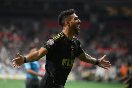 Apr 5, 2023; Vancouver, British Columbia, CAN;  Los Angeles FC forward Denis Bouanga (99) celebrates his goal against Vancouver Whitecaps FC goalkeeper Yohei Takaoka (18) (not pictured) during the second half at BC Place. Mandatory Credit: Anne-Marie Sorvin-USA TODAY Sports