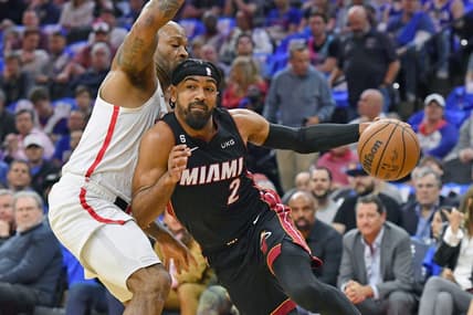 Apr 6, 2023; Philadelphia, Pennsylvania, USA; Miami Heat guard Gabe Vincent (2) drives to the basket against Philadelphia 76ers forward P.J. Tucker (17) during the first quarter at Wells Fargo Center. Mandatory Credit: Eric Hartline-USA TODAY Sports