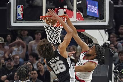 Apr 6, 2023; Austin, Texas, USA; Portland Trailblazers forward Trendon Watford (2) dunks over San Antonio Spurs forward Dominick Barlow (26) during the first half at Moody Center. Mandatory Credit: Scott Wachter-USA TODAY Sports