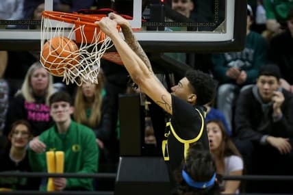 Oregon center Kel'el Ware dunks the ball as the Oregon Ducks host the No. 7 UCLA Bruins Saturday, Feb. 11, 2023, at Matthew Knight Arena in Eugene, Ore.

Syndication The Register Guard
