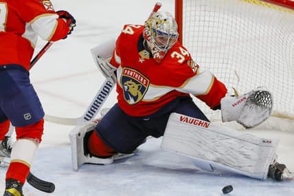 Apr 6, 2023; Sunrise, Florida, USA;Florida Panthers goaltender Alex Lyon (34) makes a save during the third period against the Ottawa Senators at FLA Live Arena. Mandatory Credit: Sam Navarro-USA TODAY Sports