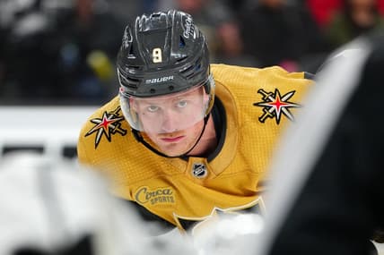 Apr 6, 2023; Las Vegas, Nevada, USA; Vegas Golden Knights center Jack Eichel (9) awaits a face off against the Los Angeles Kings during the second period at T-Mobile Arena. Mandatory Credit: Stephen R. Sylvanie-USA TODAY Sports