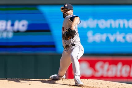 Apr 7, 2023; Minneapolis, Minnesota, USA; Houston Astros starting pitcher Jose Urquidy (65) pitches to the Minnesota Twins in the first inning at Target Field. Mandatory Credit: Matt Blewett-USA TODAY Sports
