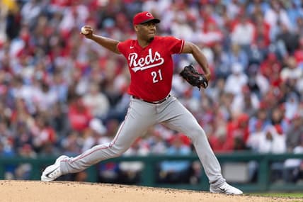 Apr 7, 2023; Philadelphia, Pennsylvania, USA; Cincinnati Reds starting pitcher Hunter Greene (21) throws a pitch during the fifth inning Philadelphia Phillies at Citizens Bank Park. Mandatory Credit: Bill Streicher-USA TODAY Sports