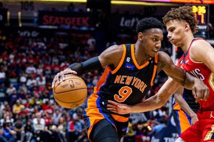 Apr 7, 2023; New Orleans, Louisiana, USA;  New York Knicks guard RJ Barrett (9) dribbles against New Orleans Pelicans guard Dyson Daniels (11) during the first half at Smoothie King Center. Mandatory Credit: Stephen Lew-USA TODAY Sports