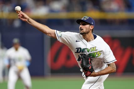 Apr 7, 2023; St. Petersburg, Florida, USA;  Tampa Bay Rays starting pitcher Zach Eflin (24) throws a pitch against the Oakland Athletics in the fourth inning at Tropicana Field. Mandatory Credit: Nathan Ray Seebeck-USA TODAY Sports