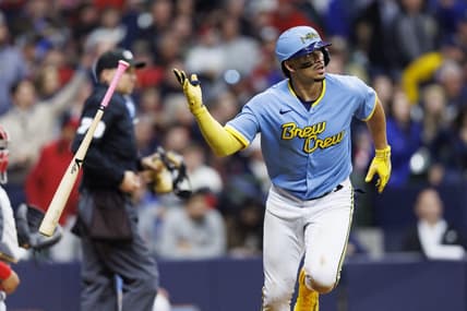 Apr 7, 2023; Milwaukee, Wisconsin, USA;  Milwaukee Brewers shortstop Willy Adames (27) tosses hit bat away after hitting a home run during the seventh inning against the St. Louis Cardinals at American Family Field. Mandatory Credit: Jeff Hanisch-USA TODAY Sports