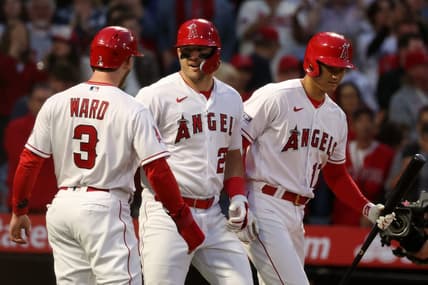 Apr 7, 2023; Anaheim, California, USA;  Los Angeles Angels center fielder Mike Trout (27) is greeted by left fielder Taylor Ward (3) and designated hitter Shohei Ohtani (17) after hitting a two run home run during the first inning against the Toronto Blue Jays at Angel Stadium. Mandatory Credit: Kiyoshi Mio-USA TODAY Sports