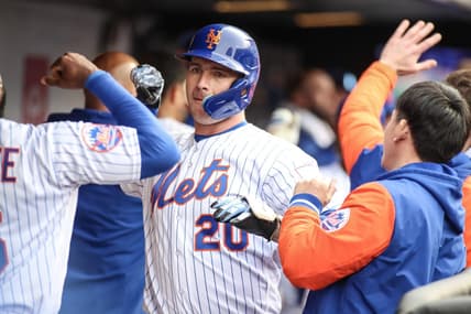 Apr 8, 2023; New York City, New York, USA;  New York Mets first baseman Pete Alonso (20) celebrates with his teammates after hitting a two run home run in the fifth inning against the Miami Marlins at Citi Field. Mandatory Credit: Wendell Cruz-USA TODAY Sports