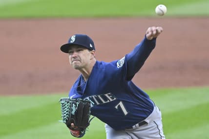 Apr 8, 2023; Cleveland, Ohio, USA; Seattle Mariners starting pitcher Marco Gonzales (7) delivers a pitch in the first inning against the Cleveland Guardians at Progressive Field. Mandatory Credit: David Richard-USA TODAY Sports