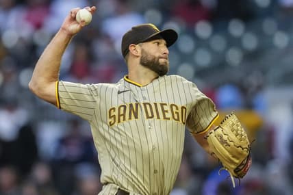 Apr 8, 2023; Cumberland, Georgia, USA; San Diego Padres starting pitcher Michael Wacha (52) pitches against the Atlanta Braves during the first inning at Truist Park. Mandatory Credit: Dale Zanine-USA TODAY Sports
