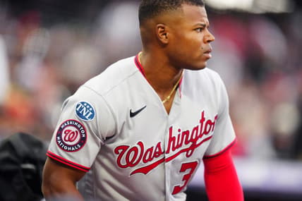 Apr 8, 2023; Denver, Colorado, USA; Washington Nationals left fielder Stone Garrett (36) heads on deck in the first inning against the Colorado Rockies at Coors Field. Mandatory Credit: Ron Chenoy-USA TODAY Sports