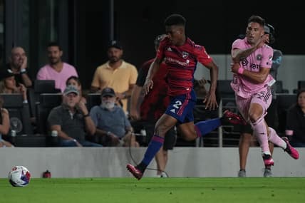 Apr 8, 2023; Fort Lauderdale, Florida, USA;  FC Dallas defender Geovane Jesus (2) runs with the ball during the first half at DRV PNK Stadium. Mandatory Credit: Eric Espada-USA TODAY Sports