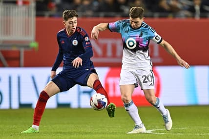 Apr 8, 2023; Chicago, Illinois, USA;  Chicago Fire FC midfielder Brian Gutierrez (17) and Minnesota United midfielder Wil Trapp (20) battle for control of the ball in the first half at Soldier Field. Mandatory Credit: Jamie Sabau-USA TODAY Sports
