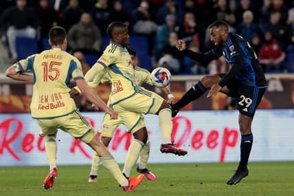 Apr 8, 2023; Harrison, New Jersey, USA;  San Jose Earthquakes defender Carlos Akapo (29) and New York Red Bulls forward Elias Manoel (11) battle for the ball in the second half at Red Bull Arena. Mandatory Credit: Vincent Carchietta-USA TODAY Sports