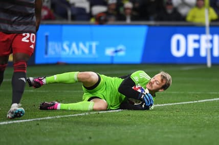 Apr 8, 2023; Nashville, Tennessee, USA; Nashville SC goalkeeper Joe Willis (1) makes a save during the second half against Toronto FC at Geodis Park. Mandatory Credit: Christopher Hanewinckel-USA TODAY Sports