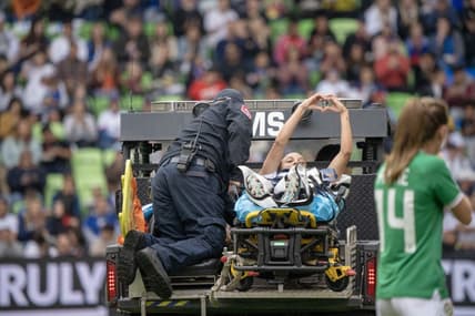 Apr 8, 2023; Austin, Texas, USA; U.S. Women's National Team forward Mallory Swanson (9) is escorted off field by medical personnel during the first half in a match against the Republic of Ireland Women's National Team at Q2 Stadium. Mandatory Credit: Dustin Safranek-USA TODAY Sports