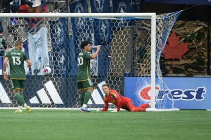 Apr 8, 2023; Vancouver, British Columbia, CAN; Portland Timbers goalkeeper AljaZ Ivacic (31) reacts after conceding a goal during the second half at BC Place. Mandatory Credit: Anne-Marie Sorvin-USA TODAY Sports