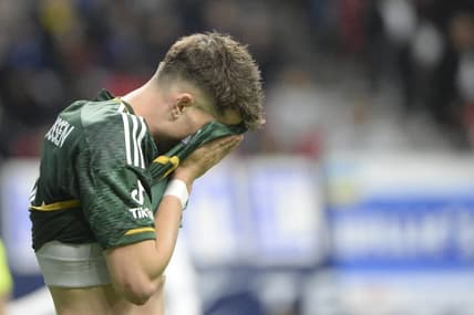 Apr 8, 2023; Vancouver, British Columbia, CAN;  Portland Timbers defender Justin Rasmussen (14) reacts during the second half against the Vancouver Whitecaps FC at BC Place. Mandatory Credit: Anne-Marie Sorvin-USA TODAY Sports