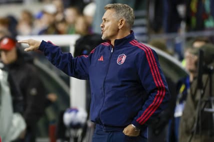 Apr 8, 2023; Seattle, Washington, USA; St. Louis City head coach Bradley Carnell gives instructions to players during the first half against the Seattle Sounders FC at Lumen Field. Mandatory Credit: Joe Nicholson-USA TODAY Sports