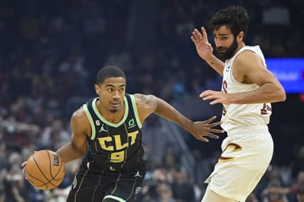 Apr 9, 2023; Cleveland, Ohio, USA; Charlotte Hornets guard Theo Maledon (9) drives beside Cleveland Cavaliers guard Ricky Rubio (13) in the first quarter at Rocket Mortgage FieldHouse. Mandatory Credit: David Richard-USA TODAY Sports
