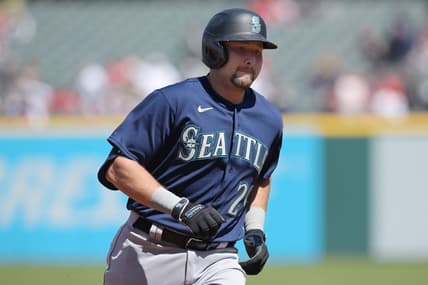 Apr 9, 2023; Cleveland, Ohio, USA; Seattle Mariners catcher Cal Raleigh (29) rounds the bases after hitting a home run during the first inning against the Cleveland Guardians at Progressive Field. Mandatory Credit: Ken Blaze-USA TODAY Sports