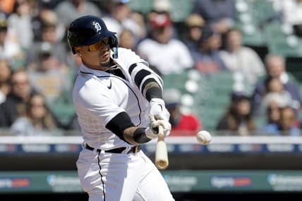 Apr 9, 2023; Detroit, Michigan, USA;  Detroit Tigers shortstop Javier Baez (28) hits a single in the third inning against the Boston Red Sox at Comerica Park. Mandatory Credit: Rick Osentoski-USA TODAY Sports