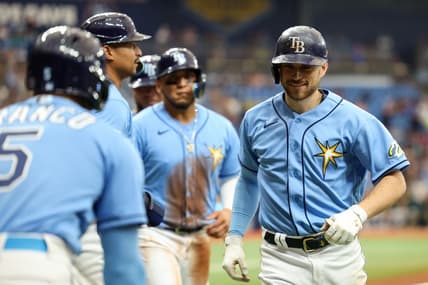Apr 9, 2023; St. Petersburg, Florida, USA;  Tampa Bay Rays second baseman Brandon Lowe (8) celebrates after hitting a grand slam against the Oakland Athletics in the fourth inning at Tropicana Field. Mandatory Credit: Nathan Ray Seebeck-USA TODAY Sports