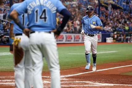 Apr 9, 2023; St. Petersburg, Florida, USA;  Tampa Bay Rays second baseman Brandon Lowe (8) runs the bases after hitting a grand slam against the Oakland Athletics in the fourth inning at Tropicana Field. Mandatory Credit: Nathan Ray Seebeck-USA TODAY Sports