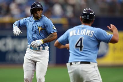 Apr 9, 2023; St. Petersburg, Florida, USA;  Tampa Bay Rays shortstop Wander Franco (5) celebrates after hitting a home run against the Oakland Athletics in the first inning at Tropicana Field. Mandatory Credit: Nathan Ray Seebeck-USA TODAY Sports