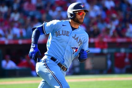 Apr 9, 2023; Anaheim, California, USA; Toronto Blue Jays center fielder Kevin Kiermaier (39) runs after hitting a ground rule RBI double against the Los Angeles Angels during the tenth inning at Angel Stadium. Mandatory Credit: Gary A. Vasquez-USA TODAY Sports