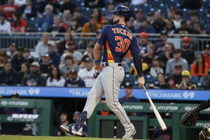 Apr 10, 2023; Pittsburgh, Pennsylvania, USA;  Houston Astros right fielder Kyle Tucker (30) hits a two run single against the Pittsburgh Pirates during the fourth inning at PNC Park. Mandatory Credit: Charles LeClaire-USA TODAY Sports