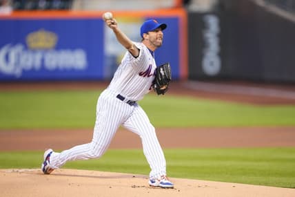 Apr 10, 2023; New York City, New York, USA; New York Mets pitcher Max Scherzer (21) delivers a pitch during the first inning against the San Diego Padres at Citi Field. Mandatory Credit: Gregory Fisher-USA TODAY Sports