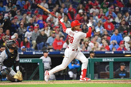 Apr 10, 2023; Philadelphia, Pennsylvania, USA; Philadelphia Phillies third baseman Alec Bohm (28) watches his three run home run against the Miami Marlins during the sixth inning at Citizens Bank Park. Mandatory Credit: Eric Hartline-USA TODAY Sports