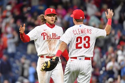 Apr 10, 2023; Philadelphia, Pennsylvania, USA; Philadelphia Phillies third baseman Alec Bohm (28) and third baseman Kody Clemens (23) celebrate win against the Miami Marlins at Citizens Bank Park. Mandatory Credit: Eric Hartline-USA TODAY Sports